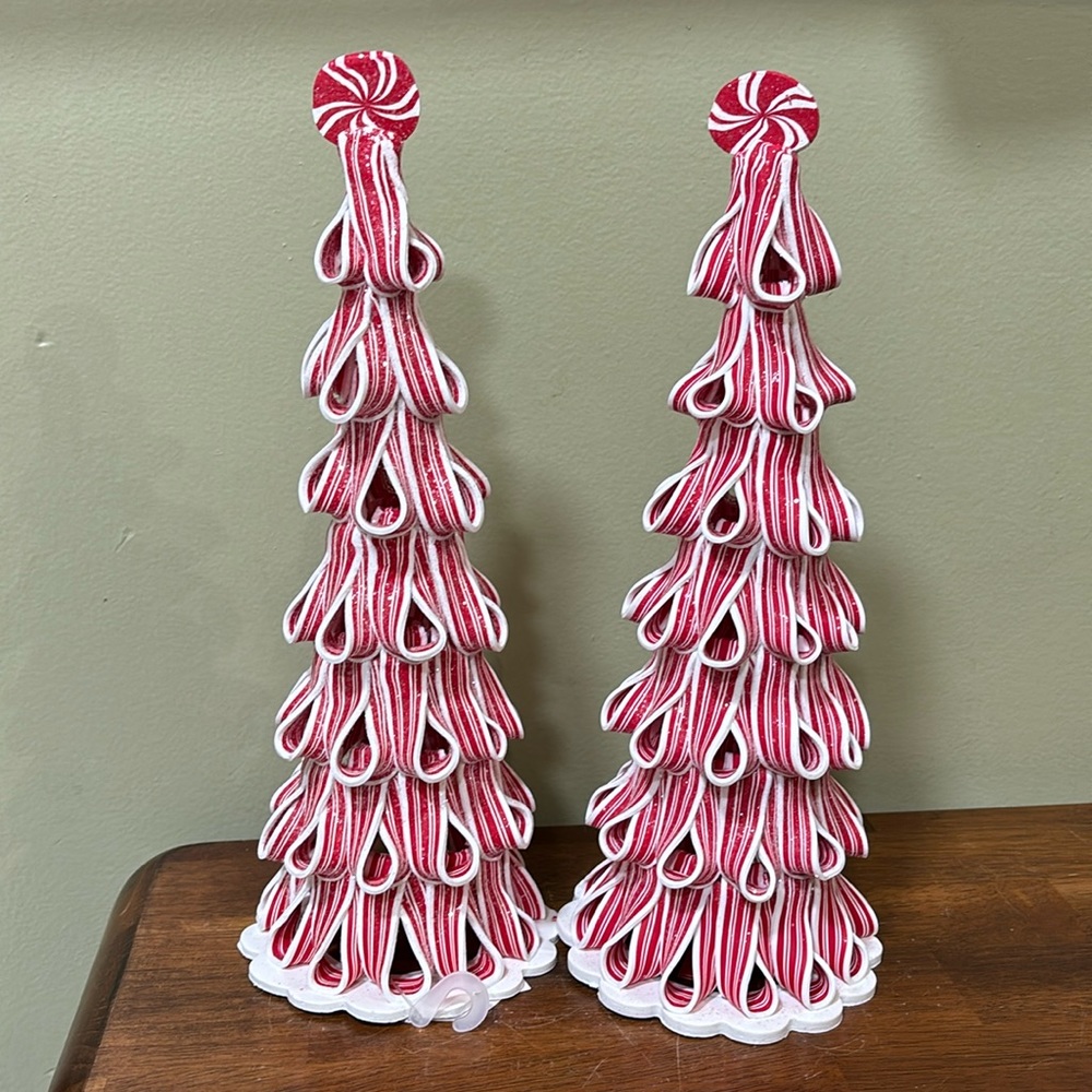 HOLIDAY TIME PEPPERMINT RIBBON TREES SET OF 2 - Picture 15 of 16